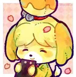 Rule 34 | 1girl, animal crossing, bell, border, clipboard, closed eyes, closed mouth, commentary, dog girl, doradorakingyo, furry, furry female, green sweater, holding, holding clipboard, isabelle (animal crossing), jingle bell, long sleeves, lowres, nintendo, petals, smile, solo, sweater, symbol-only commentary, tied ears, white border