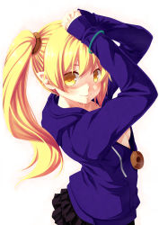 Rule 34 | 1girl, arms up, bakemonogatari, bangle, blonde hair, blush, bracelet, breasts, cleavage, fang, fang out, hood, hoodie, jewelry, kouji (campus life), long hair, looking at viewer, md5 mismatch, monogatari (series), no bra, oshino shinobu, own hands together, side ponytail, simple background, skirt, smile, solo, white background, yellow eyes