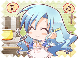 Rule 34 | 1girl, :3, apron, beamed quavers, blue hair, blush, chibi, cooking, cooking pot, game cg, happy, ladle, long hair, moromizato aoi, musical note, pia carrot (series), pia carrot e youkoso!! g.p., plate, quaver, solo, speech bubble, spoken musical note