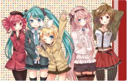 Rule 34 | 5girls, aqua eyes, aqua hair, arm up, arms up, bad id, belt, blonde hair, blue eyes, brown eyes, brown hair, crossed arms, crossover, drill hair, garter straps, hair ornament, hair ribbon, hairclip, hatsune miku, jewelry, kagamine rin, kasane teto, lace, lace-trimmed legwear, lace trim, long hair, megurine luka, meiko (vocaloid), mikipa, multiple girls, necklace, necktie, one eye closed, open mouth, pantyhose, pink hair, red eyes, red hair, ribbon, short hair, skirt, striped clothes, striped legwear, striped pantyhose, thighhighs, twin drills, twintails, utau, vertical-striped clothes, vertical-striped legwear, vertical-striped pantyhose, very long hair, vocaloid, waving, wink