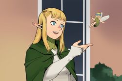 Rule 34 | 1girl, 1other, blonde hair, blue eyes, braid, cloak, dungeon meshi, elf, fairy, fairy (dungeon meshi), flower wreath, flying, french braid, gorget, green cloak, hand up, highres, is this a pigeon (meme), long sleeves, meme, multiple girls, open mouth, pattadol, pointing, pointing at another, pointy ears, r bishh, tunic, upper body, white tunic, wings