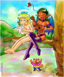 Rule 34 | 2girls, :t, angel, angry, barefoot, bikini, blonde hair, boots, closed eyes, colored skin, demon girl, demon wings, eating, green hair, horns, in tree, mu-inu475, multiple girls, nude, open mouth, red skin, sitting, sitting in tree, smile, strapless, strapless bikini, swimsuit, thigh boots, thighhighs, tree, wings, yellow horns