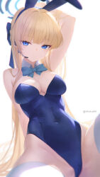 Rule 34 | 1girl, absurdres, animal ears, blonde hair, blue archive, blue bow, blue bowtie, blue eyes, blue leotard, bow, bowtie, breasts, cameltoe, closed mouth, detached collar, dhokidoki, fake animal ears, highres, leotard, long hair, medium breasts, official alternate costume, rabbit ears, simple background, solo, thighhighs, toki (blue archive), toki (bunny) (blue archive), twitter username, white background, white thighhighs