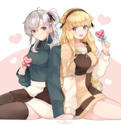 Rule 34 | 2girls, :d, ahoge, back-to-back, black hairband, black legwear, black skirt, blonde hair, blue bow, blue eyes, blush, bow, breasts, candy, checkered clothes, checkered dress, checkered skirt, collarbone, commentary, commentary request, dress, fletcher (kancolle), food, grey eyes, hair ribbon, hairband, hand up, heart, heart-shaped lollipop, holding, holding candy, holding food, holding hands, holding lollipop, jacket, kantai collection, large breasts, layered sleeves, lollipop, long hair, long sleeves, looking at viewer, multiple girls, one side up, open mouth, pink bow, purple eyes, ribbed sweater, ribbon, shakemi (sake mgmgmg), shaped lollipop, short over long sleeves, short sleeves, silver hair, sitting, skirt, sleeves past wrists, smile, star (symbol), striped, suzutsuki (kancolle), sweater, sweater dress, symbol-only commentary, thighhighs, very long hair, white skirt, yuri, zettai ryouiki