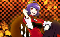 Rule 34 | 1girl, :d, breasts, checkered background, female focus, gayprince, gradient background, hair ornament, headband, high contrast, highres, leaf, open mouth, plant, purple hair, red eyes, rope, shide, shimenawa, short hair, smile, solo, touhou, yasaka kanako