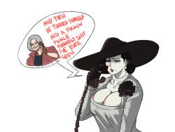 Rule 34 | 1boy, 1girl, alcina dimitrescu, black eyes, black flower, black hair, bored, breasts, cleavage, commentary, crossover, dante (devil may cry), devil may cry (series), devil may cry 5, dress, english commentary, english text, flower, grey hair, grin, hat, highres, jacket, lips, meme, pale skin, phone, profanity, red jacket, resident evil, resident evil village, rick and morty, short hair, smile, speech bubble, talking on phone, tina fate