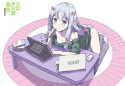 Rule 34 | 1girl, barefoot, bent over, blue eyes, blue hair, blush, bow, breasts, cleavage, commentary, computer, copyright name, drawing tablet, english commentary, eromanga sensei, hair bow, hand up, izumi sagiri, kneeling, kotatsu, laptop, leaning forward, long hair, medium breasts, mouse (computer), naked shirt, red bow, shirt, smile, solo, stylus, table, tonee, vaio