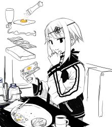 Rule 34 | 1girl, :t, bread slice, closed mouth, cup, eating, food, formal, fried egg, fried egg on toast, greyscale, holding, holding food, jacket, jewelry, letterman jacket, long sleeves, monochrome, mug, nail polish, okiru, open clothes, open jacket, original, plate, puffy long sleeves, puffy sleeves, ring, sailor collar, shirt, sidelocks, simple background, sitting, solo, toast, wavy mouth, white background
