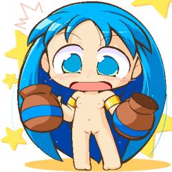 Rule 34 | 1girl, armlet, blue eyes, blue hair, blush, breasts, chibi, cleft of venus, data east, female focus, jug (bottle), long hair, lowres, magical drop, matching hair/eyes, navel, nipples, nude, open mouth, pussy, shinogo~, small breasts, solo, star (magical drop), tears, uncensored