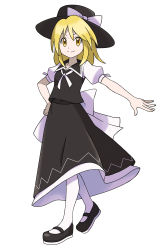 Rule 34 | 1girl, absurdres, asatsuki (fgfff), back bow, black footwear, black hat, black skirt, black vest, blonde hair, bow, closed mouth, collared vest, fedora, full body, hat, hat bow, highres, long skirt, mary janes, pantyhose, puffy short sleeves, puffy sleeves, ribbon, shirt, shoes, short hair, short sleeves, simple background, skirt, smile, touhou, vest, white background, white bow, white neckwear, white pantyhose, white ribbon, white shirt, yellow eyes, yuki (touhou)
