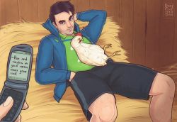Rule 34 | 1boy, 2others, arm behind head, arm up, arrow (symbol), artist name, barn, bird, blue sweater, brown hair, cellphone, chicken, closed mouth, dirtyfox911911, english text, engrish text, flip phone, green eyes, green shirt, hand in pocket, highres, holding, holding phone, indoors, looking at viewer, lying, male focus, multiple others, on back, phone, ranguage, shane (stardew valley), shirt, short hair, shorts, stardew valley, sweater, sweater, thick eyebrows, torn clothes, wheat
