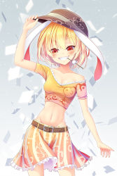 Rule 34 | 1girl, adapted costume, animal ears, arm up, bare shoulders, belt, blonde hair, blush, breasts, cowboy shot, crop top, dango, eyebrows, flat cap, floppy ears, food, grin, groin, hair between eyes, hand on headwear, hat, looking at viewer, midriff, miniskirt, mouth hold, navel, orange shirt, rabbit ears, red eyes, ringo (touhou), shirt, short hair, short sleeves, skewer, skirt, small breasts, smile, solo, stomach, teeth hold, touhou, wagashi, z.o.b