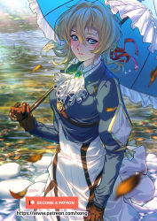 Rule 34 | 10s, 1girl, blonde hair, blue eyes, blue jacket, blush, braid, breasts, brooch, cowboy shot, day, dress, falling leaves, gloves, hair between eyes, hair intakes, hair ribbon, jacket, jewelry, leaf, long sleeves, looking at viewer, outdoors, parasol, partially submerged, red ribbon, ribbon, rock, shade, solo, stream, sunlight, umbrella, violet evergarden, violet evergarden (series), wading, water, xong
