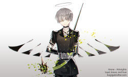 1boy absurdres arene_(arknights) arknights arms_behind_back black_gloves black_shirt character_name copyright_name cowboy_shot elbow_gloves gloves gradient_background grey_background grey_hair halo highres ikag looking_at_viewer male_focus shirt standing sword weapon white_background