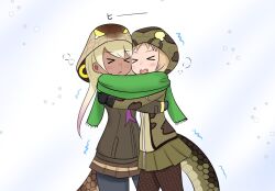 Rule 34 | &gt; &lt;, 2girls, african rock python (kemono friends), hug, blonde hair, blush, brown hair, cheek-to-cheek, closed mouth, cold, commentary request, cowboy shot, dark-skinned female, dark skin, expressive clothes, gloves, heads together, hood, hood up, hug, jacket, kemono friends, king cobra (kemono friends), leggings, light brown hair, long hair, long sleeves, miniskirt, multiple girls, necktie, nose blush, open mouth, pantyhose, pink hair, pleated skirt, scarf, shared clothes, shared scarf, skirt, snake tail, snot, snowing, suiuusuiu, tail, tearing up, trembling, two side up