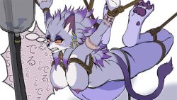 Rule 34 | 1girl, alternate form, animal ears, animal hands, armlet, bdsm, bondage, bound, bracelet, breasts, cat ears, cat girl, cat tail, claws, colored sclera, earrings, fangs, furry, isabella (seiken densetsu 3), jewelry, kumakan, multicolored hair, necklace, nipples, purple fur, purple hair, red sclera, ring, rope, seiken densetsu, seiken densetsu 3, slit pupils, tail, tears, two-tone hair