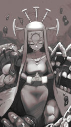 Rule 34 | 1girl, breasts, cross, cross necklace, double (skullgirls), extra eyes, extra mouth, closed eyes, habit, highres, hiragana oufu, jewelry, large breasts, monochrome, monster, monster girl, necklace, nun, own hands together, praying, sketch, skullgirls, smile, solo, standing, wide hips