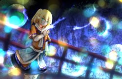 Rule 34 | 1girl, blonde hair, bridge, cave, dress, dutch angle, frown, grass, green eyes, hand up, hitodama, iroen (kurohimekou), layered dress, light particles, long sleeves, looking at viewer, mizuhashi parsee, pointy ears, ponytail, scarf, short hair, solo, standing, touhou