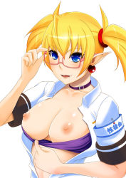 Rule 34 | 1girl, aq interactive, arcana heart, atlus, blonde hair, blue eyes, breasts, breasts out, collar, earrings, examu, fang, female focus, glasses, jewelry, large breasts, lilica felchenerow, looking at viewer, nipples, pink-framed eyewear, pointy ears, shiny skin, short hair, smile, solo, tomatto (@ma!), twintails