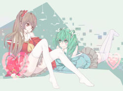 Rule 34 | 2girls, adapted costume, alternate costume, alternate hairstyle, ascot, ass, barefoot, bow, brown eyes, brown hair, detached sleeves, frog hair ornament, full body, green eyes, green hair, hair bow, hair ornament, hakurei reimu, heart, keko (artist), kochiya sanae, long hair, long sleeves, looking at another, lying, miniskirt, multiple girls, on stomach, open mouth, shirt, side ponytail, simple background, sitting, skirt, smile, snake hair ornament, thighhighs, touhou, twintails, white legwear, wide sleeves, zettai ryouiki
