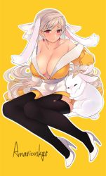 Rule 34 | 1girl, :&lt;, anationkgt, animal ears, bare shoulders, black thighhighs, breasts, chinese commentary, cleavage, closed eyes, closed mouth, collarbone, earrings, extra ears, forehead, full body, hair between eyes, hair ornament, headpat, high heels, highres, jewelry, large breasts, long hair, long sleeves, looking at viewer, off shoulder, original, parted bangs, rabbit, rabbit ears, red eyes, shaded face, signature, simple background, sitting, skirt, smile, solo, stiletto heels, thighhighs, very long hair, white footwear, white hair, white skirt, yellow background, yellow sleeves, ||/