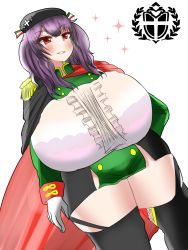 Rule 34 | 1girl, azur lane, beret, breasts, cape, gigantic breasts, grin, hat, highres, pola (azur lane), purple hair, red eyes, sardegna empire (emblem), setsugu, shoulder pads, smile, solo, tagme, thick thighs, thighs