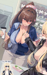 Rule 34 | 2girls, absurdres, akitsu maru (kancolle), barcode scanner, belt, between breasts, black belt, black skirt, blonde hair, blush, breasts, brown eyes, brown hair, can, cashier, center opening, character doll, cleavage, commentary, convenience store, counter, cropped jacket, employee uniform, flower, food, grey pants, hair flower, hair ornament, high ponytail, highres, himeyamato, holding, holding can, iowa (kancolle), jacket, kantai collection, kongou (kancolle), large breasts, lawson, leather, leather jacket, long hair, long sleeves, microwave, midriff, miniskirt, multiple girls, no bra, open mouth, pants, pantyhose, partially unbuttoned, partially unzipped, pocky, scrunchie, sexual harassment, shelf, shigure (kancolle), shigure kai san (kancolle), shirt, shop, short sleeves, sidelocks, skirt, slap mark, slap mark on face, sleeves past wrists, source quote, store clerk, striped clothes, striped shirt, sunglasses, terminator (series), the terminator, uniform, vertical-striped clothes, vertical-striped shirt, white scrunchie, yamato (kancolle), yukikaze (kancolle), yukikaze kai ni (kancolle), yuri