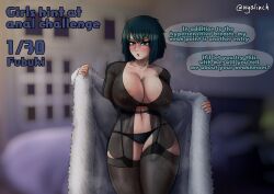 Rule 34 | 1girl, blush, breasts, cleavage, curvy, english text, fubuki (one-punch man), green eyes, green hair, huge breasts, large areolae, large breasts, nipples, nyalinch, one-punch man, panties, see-through, short hair, solo, standing, thick thighs, thighhighs, thighs, underwear, wide hips