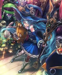 Rule 34 | 10s, 1girl, artist request, asymmetrical legwear, blue hair, boots, chestnut mouth, crown, cygames, detached sleeves, dual persona, frills, fur trim, grin, hair over one eye, hat, long hair, microphone, mirror, multicolored hair, official art, purple eyes, red eyes, reflection, remi and rami, shadowverse, shingeki no bahamut, smile, stuffed animal, stuffed toy, teddy bear, toy, uneven legwear, very long hair, witch hat