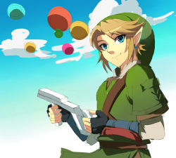 Rule 34 | 1boy, blonde hair, blue eyes, controller, earrings, game controller, gloves, hat, jewelry, link, male focus, muse (rainforest), nintendo, pointy ears, smile, solo, the legend of zelda, the legend of zelda: twilight princess