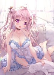 Rule 34 | 1girl, :d, arm support, babydoll, barefoot, bed, blue babydoll, blush, breasts, cat, cat hair ornament, cleavage, collarbone, commentary request, curtains, fang, hair ornament, highres, indoors, large breasts, long hair, looking at viewer, mikeou, on bed, open mouth, original, panties, petting, purple eyes, sitting, sleeping, smile, solo, underwear, wavy hair, white hair, white panties, window