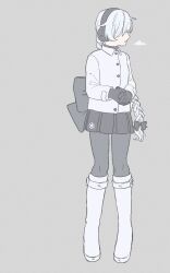 Rule 34 | 1girl, atsuko (222atuko), back bow, black bow, black pantyhose, black skirt, boots, bow, braid, braided ponytail, breath, coat, commentary, covered eyes, earmuffs, facing to the side, full body, grey background, hair bow, hair over eyes, highres, knee boots, large bow, long hair, long sleeves, own hands clasped, own hands together, pantyhose, pleated skirt, print skirt, profile, sekka yufu, simple background, skirt, snowflake print, solo, standing, utau, white coat, white footwear, white hair