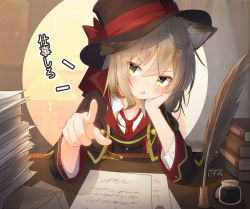 Rule 34 | 1girl, animal ear fluff, animal ears, black capelet, black hat, black jacket, blouse, blush, book, book stack, brown hair, capelet, collared shirt, coreytaiyo, dated, hair between eyes, hat, highres, inkwell, jacket, long sleeves, looking at viewer, mary swan (coreytaiyo), necktie, open mouth, original, paper stack, pointing, pointing at viewer, quill, red necktie, shirt, signature, solo, tilted headwear, translation request, upper body, v-shaped eyebrows, white shirt, yellow eyes