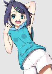 1girl :d absurdres armpits black_hair black_shirt blue_eyes creatures_(company) game_freak green_hoodie hair_bun hair_ornament hairclip highres hood hoodie liko_(pokemon) looking_at_viewer negimiso1989 nintendo open_mouth pokemon pokemon_(anime) pokemon_horizons shirt shorts sleeveless sleeveless_hoodie sleeveless_shirt smile solo teeth upper_teeth_only white_shorts