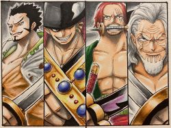 Rule 34 | 4boys, abs, beard, black hair, breasts, cosplay, daichan op, dracule mihawk, dracule mihawk (cosplay), facial hair, grin, hat, highres, holding, holding sword, holding weapon, katana, large pectorals, looking at viewer, looking to the side, manly, multiple boys, mustache, oda eiichirou (style), official style, one piece, pectorals, red hair, roronoa zoro, roronoa zoro (cosplay), scar, scar across eye, shanks (one piece), shanks (one piece) (cosplay), silvers rayleigh, silvers rayleigh (cosplay), simple background, smile, standing, sword, teeth, weapon, white hair, yellow eyes