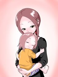 Rule 34 | 1boy, 1girl, breasts, brown eyes, carrying, child, closed eyes, commentary request, forehead, hair tie, hatomugi (user datj4345), highres, karakai jouzu no (moto) takagi-san, karakai jouzu no takagi-san, low ponytail, mother and daughter, nishikata chii, ponytail, shorts, smile, striped clothes, striped shorts, takagi-san