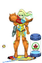Rule 34 | 1girl, alien, arm cannon, armor, arms at sides, blonde hair, blue eyes, bodysuit, closed mouth, full body, logo, long hair, looking to the side, mark (mark apilado 5), materializing, metroid, metroid (creature), nintendo, pixel art, ponytail, power armor, power suit, samus aran, serious, shoulder pads, simple background, standing, transparent background, varia suit, weapon, white background, zero suit