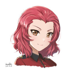 Rule 34 | 10s, 1girl, artist name, brown eyes, closed mouth, dated, epaulettes, girls und panzer, jacket, looking at viewer, military, military uniform, parted bangs, portrait, red hair, red jacket, rosehip (girls und panzer), shamakho, short hair, signature, simple background, smile, solo, st. gloriana&#039;s military uniform, uniform, white background