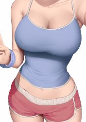 Rule 34 | 1girl, armpits, bare shoulders, blue tank top, breasts, cleavage, collarbone, feet out of frame, head out of frame, highres, large breasts, midriff, navel, original, red shorts, rev60, selfie, short shorts, shorts, simple background, sleeveless, solo, tank top, white background