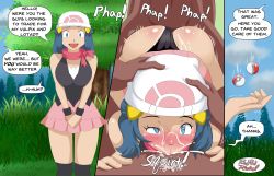 Rule 34 | 1girl, 2boys, artist request, ass, beanie, black hair, black panties, black shirt, black socks, bracelet, breasts, clothing aside, creatures (company), cum, cum in mouth, dark-skinned male, dark skin, dawn (pokemon), doggystyle, double penetration, fellatio, forest, game freak, grass, hat, heart, heart-shaped pupils, highres, jewelry, kneehighs, long hair, looking at viewer, medium breasts, moaning, multiple boys, nature, nintendo, oral, panties, panties aside, pink footwear, poke ball, pokemon, pokemon dppt, red rad rebel, red scarf, scarf, sex, sex from behind, shirt, sleeveless, sleeveless shirt, socks, spitroast, split mouth, sweat, symbol-shaped pupils, tagme, tree, trembling, underwear, white headwear