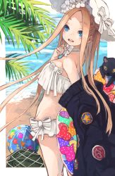 Rule 34 | 1girl, abigail williams (fate), abigail williams (swimsuit foreigner) (fate), abigail williams (swimsuit foreigner) (third ascension) (fate), ball, bare shoulders, beach, beachball, bikini, black cat, black jacket, blonde hair, blue eyes, blush, bonnet, bow, braid, breasts, cat, fate/grand order, fate (series), food, forehead, fruit, hair bow, hair rings, highres, jacket, long hair, looking at viewer, looking back, miniskirt, navel, nyucha, ocean, off shoulder, open clothes, open jacket, open mouth, palm tree, parted bangs, shore, sidelocks, skirt, small breasts, smile, swimsuit, thighs, tree, twin braids, twintails, very long hair, watermelon, white bikini, white bow, white headwear