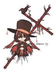 Rule 34 | animate object, arianeanco, bird, black ribbon, black suit, brown hair, commentary, cross, crow, dated commentary, english commentary, formal, hat, highres, original, red eyes, ribbon, scarecrow, suit, top hat