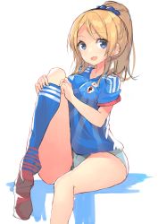 Rule 34 | 10s, 1girl, 2014 fifa world cup, absurdres, ayase eli, blonde hair, blue eyes, blush, breasts, dressing, highres, japan, japanese flag, kame^^, kneehighs, leg up, long hair, looking at viewer, love live!, love live! school idol project, medium breasts, open mouth, panties, ponytail, single sock, sitting, smile, soccer, soccer uniform, socks, solo, sportswear, underwear, world cup