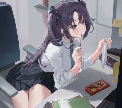 Rule 34 | 1girl, absurdres, black skirt, blue archive, blush, breasts, chair, commentary request, dance arm, eating, food, halo, highres, holding, holding food, holding pocky, indoors, long hair, long sleeves, medium breasts, necktie, office, office chair, on chair, parted lips, pocky, purple eyes, purple hair, shirt, sitting, skirt, solo, sticky note, swivel chair, two side up, yuuka (blue archive)