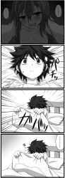 Rule 34 | ..., 1boy, 1girl, 4koma, assertive female, bare shoulders, bed, bed sheet, blanket, blush, breasts, cleavage, collarbone, comic, dreaming, emphasis lines, frown, girl on top, gotoba sora, greyscale, innocent red, long sleeves, lying, monochrome, nude, on back, on bed, original, out-of-frame censoring, pajamas, pillow, sanada tatsuki, small breasts, spoken ellipsis, surprised, sweatdrop, under covers, upper body, waking up, watarui