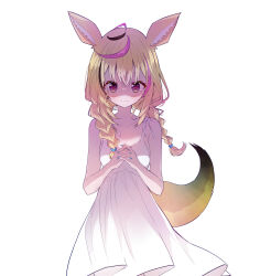 Rule 34 | 1girl, absurdres, alternate costume, alternate hairstyle, animal ear fluff, animal ears, bare shoulders, black hair, blonde hair, blue nails, blush, braid, breasts, closed mouth, collarbone, cowboy shot, dress, epilogue in the attic (hololive), fox ears, fox girl, fox tail, hair over shoulder, heart, heart-shaped pupils, highres, hololive, ichijo rei, interlocked fingers, medium breasts, medium hair, multicolored hair, nail polish, official art, omaru polka, own hands together, pink hair, sidelocks, simple background, sleeveless, sleeveless dress, smile, solo, spaghetti strap, streaked hair, symbol-shaped pupils, tail, twin braids, twintails, virtual youtuber, white background, white dress