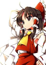 Rule 34 | 1girl, absurdres, ascot, baba (baba seimaijo), black eyes, black hair, bow, commentary request, detached sleeves, gohei, hair bow, hair tubes, hakurei reimu, half updo, highres, medium hair, nontraditional miko, red bow, ribbon-trimmed sleeves, ribbon trim, sidelocks, solo, touhou, upper body, white background, wide sleeves, yellow ascot