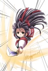 Rule 34 | 1girl, ainu clothes, artist name, attack, brown eyes, clenched teeth, fingerless gloves, flying, forehead, gloves, hair ribbon, highres, legs, long hair, looking at viewer, nakoruru, pants, purple hair, ribbon, samurai spirits, serious, snk, teeth, the king of fighters, thighs, weapon