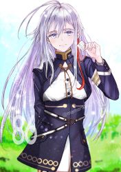 Rule 34 | 86 -eightysix-, blue eyes, blue jacket, blue skirt, commentary, crying, crying with eyes open, english commentary, grass, grey hair, hair behind ear, highres, holding, holding paper, jacket, lens flare, looking at viewer, maika (maimaica86), military, military uniform, mixed-language commentary, multicolored hair, paper, red hair, scene reference, shirt, skirt, sky, smile, streaked hair, tears, twitter username, uniform, vladilena millize, white shirt