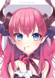 Rule 34 | 1girl, bad id, bad pixiv id, blue eyes, blue ribbon, character name, check commentary, commentary request, curled horns, dragon girl, elizabeth bathory (fate), elizabeth bathory (fate/extra ccc), elizabeth bathory (first ascension) (fate), english text, eyelashes, fate/extra, fate/extra ccc, fate/grand order, fate (series), grey background, heart, highres, horns, lips, long hair, looking at viewer, pink hair, pointy ears, ribbon, sirom, solo, two-tone background, white background